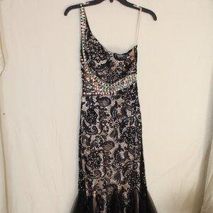 Black Prom Dress with Floral Embroidery and Gem Detailing